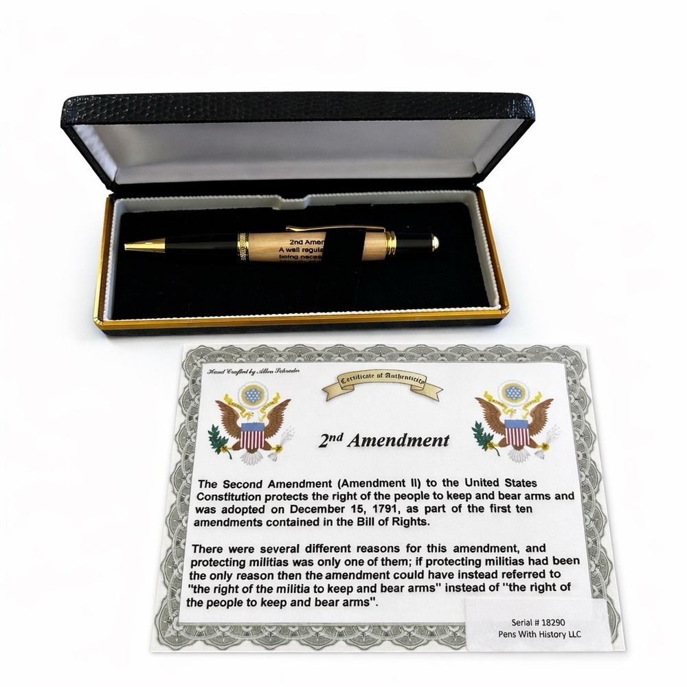 New 2nd Amendment Wood Engraved Pen Gold Trim w/ Case & COA #18290